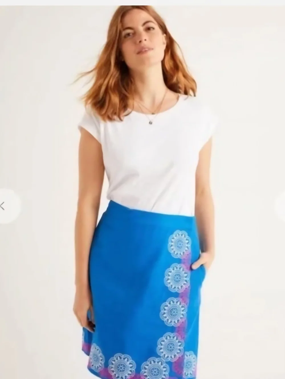 Boden Blue Mini Wrap Skirt with Pink  And White Embroidery Floral Border.